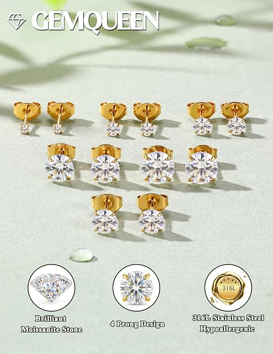 GEMQUEEN 6 Pairs 2-7mm Moissanite Earrings Studs 14K Gold Plated Stainless Steel Flat Back Earring for Women Men - Hypoallergenic Cartilage Helix Piercing Jewelry Brilliant Round Cut D Color VVS1 5.97CT