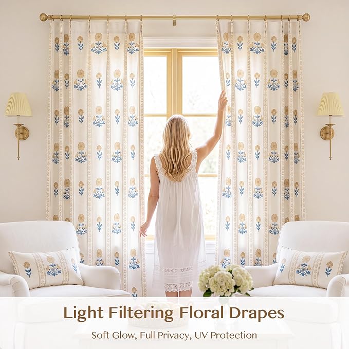 THREE GIRLS Pinch Pleated Light Filtering Linen Blend Floral Block Print Curtains for Living Room, Bedroom, Farmhouse, Memory Trained, Hooks, 2 Panels Set, 40"x84", Yellow