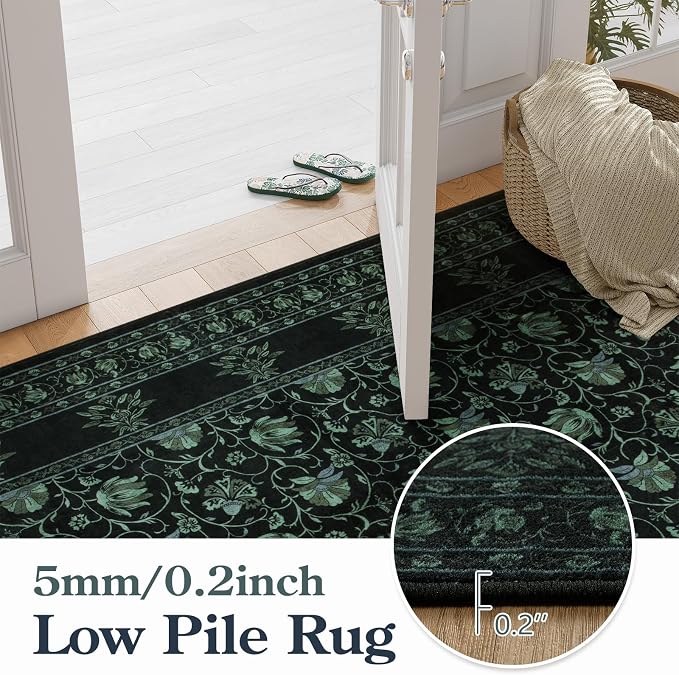 Lahome Black Kitchen Runner Rug 2x6, Low Plie Rug Runners for Hallways Non Slip, Vintage Floral Washable Runner for Entryway Laundry Room Bathroom (2'x6', Black/Green)