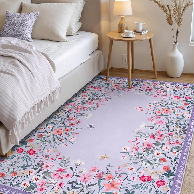 Wonnitar 4x6 Washable Area Rug, Purple Floral Rug for Girls Bedroom, Boho Soft Nursery Carpet, Non Slip Ultra Thin Entryway Mat, Lavender Kids Room Vanity Decor (4x6 Purple)