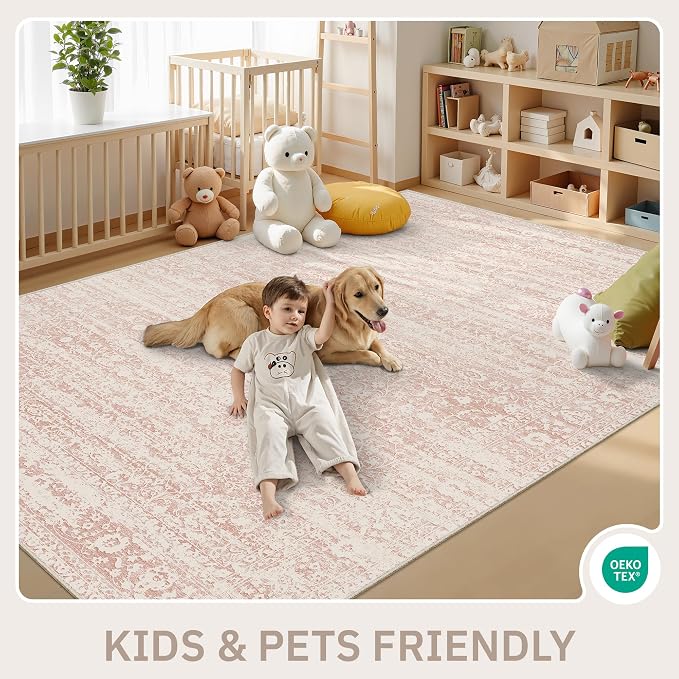 Soalmost Pink 6x9 Area Rugs for Baby Girl Nursery, Washable Soft Rugs | Vintage Floral Non-Slip Low Pile Throw Carpet for Living Room Dining Room Bedroom Kids Playroom 6'x9'