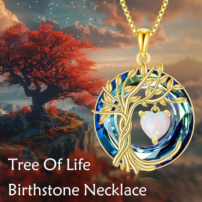 POPLYKE Mothers Day Gifts for Mom Her Wife Tree of Life Necklace 925 Sterling Silver Birthstone Pendant with Crystal Anniversary Birthday Wedding Jewelry for Women
