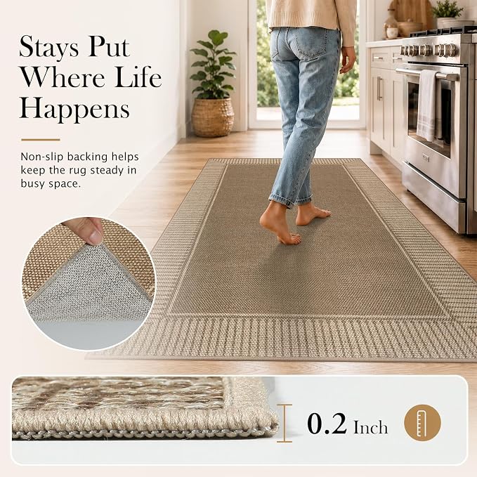 Moynesa Easy Jute Front Door 2x3 Rug, Brown Striped Border Kitchen Mat Non Slip Washable Entryway Throw Rugs, Indoor Outdoor Farmhouse Neutral Doormat Carpets for Bathroom Doorway Porch Foyer