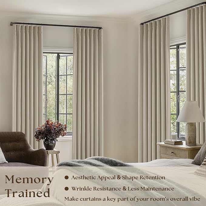 Burlywood Birch 100% Blackout Pinch Pleated Linen Curtains 94 Inches Long | Insulated Thermal Heat Reducing, Memory Shape, for Bedroom Living Room, Taupe Pleated Curtains with Hooks Rings, 2 Panels