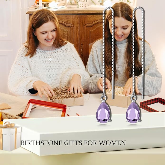 925 Sterling Silver Threader Drop Long Box Chain Ear Line Earrings with 11 * 8mm Birthstone Crystals, Birthday Jewelry Gifts for Women