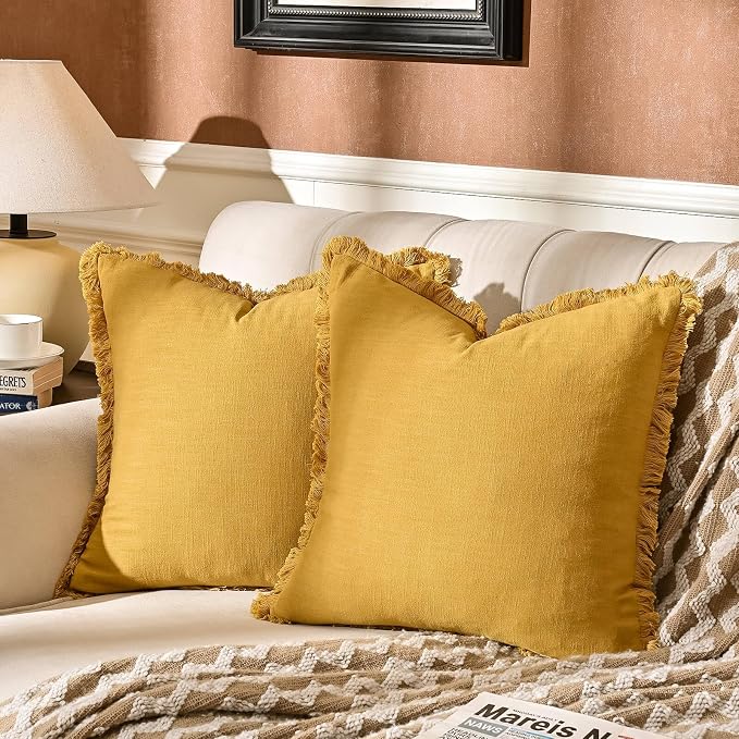 AmHoo Pack of 2 Linen Pillow Covers with Tassels Fringed Decorative Rustic Natural Throw Pillowcase Cushion for Couch Sofa Bedroom 20 x 20-Inch Mustard Yellow
