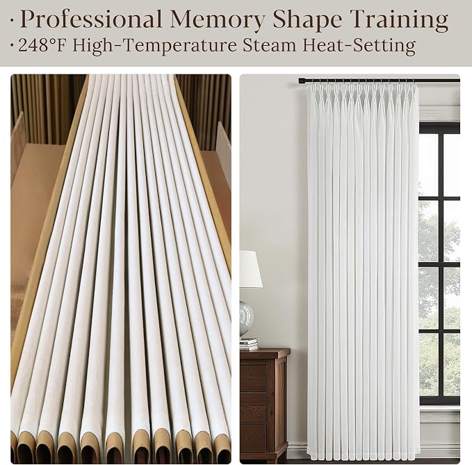 102 Inch Long White Pinch Pleated Linen Curtains 2 Panels Set for Living Room Bedroom Pinch Pleat Curtains Ivory Cream Semi Sheer Light Filtering Privacy Curtain 102 Inch Length for Sliding Door