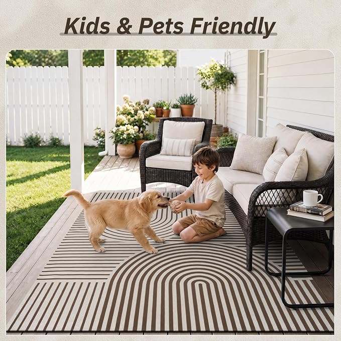AMOAMI Outdoor Rug Patio Rug 8x10 ft Quick Dry Flatweave Textured Machine Washable Outdoor Carpet with Rubber Particles Backing Boho Outdoor Area Rug for Patio Deck Front Porch Balcony Greyish Brown