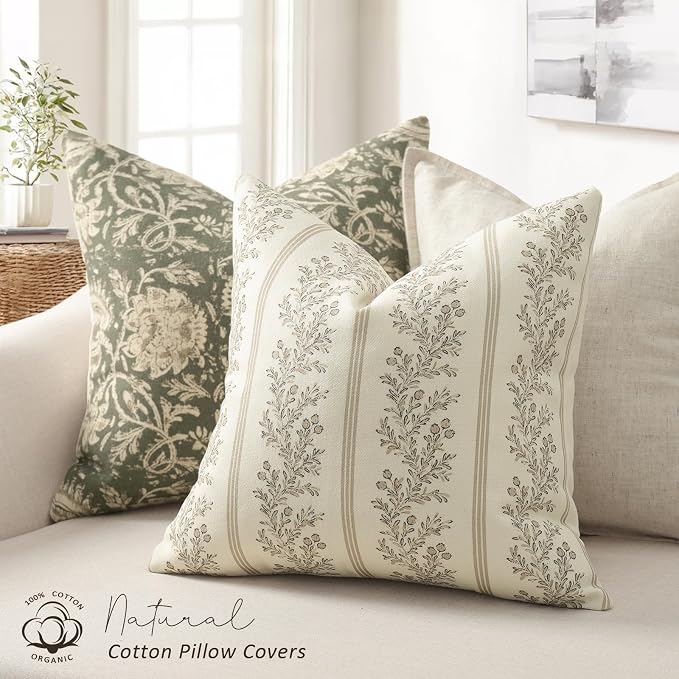 Vintage Throw Pillow Covers 16x16 Set of 2, Striped Floral Pillow Cover Botanical Patterned Decorative Cushion Covers Modern Farmhouse Home Decor for Sofa Couch Bed Living Room, Light Brown