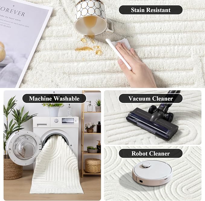 SHACOS Soft Cozy Fluffy Arch Pattern High Low Pile Rugs 5'x7' Non Slip Washable Scandinavian Minimalist Rug Modern Geometric Arc Carpet for Living Room Bedroom Dining Room, Cream White