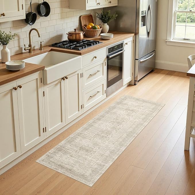 Nakagishi Washable Runner Rug 2x6: Vintage Neutral Non-Slip Entryway Rug for Hallway & Kitchen, Soft Low Pile Floor Carpet for Bedroom - Beige Gray