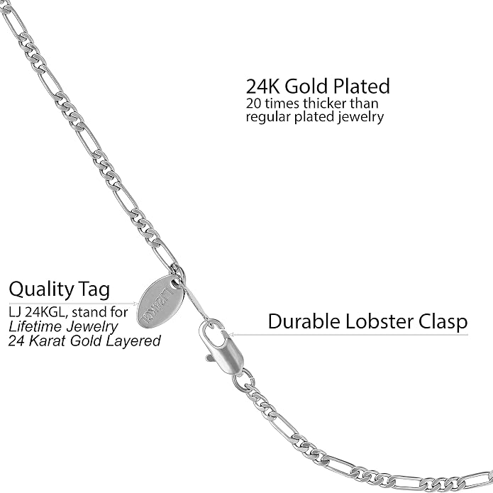 LIFETIME JEWELRY Womens Gold Anklet 2.5mm Figaro Chain Ankle Bracelets 24K Gold Plated