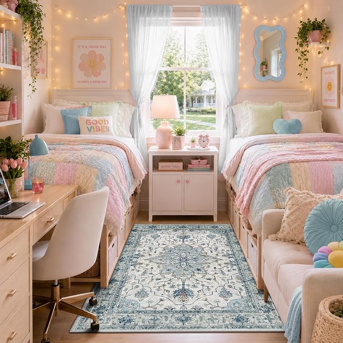 RELEANY Area Rugs 3'x5' Washable Non-Slip, Floral Vintage Distress Medallion Carpet for Living Room Bedroom Dining Room, Light Blue Navy Gray White