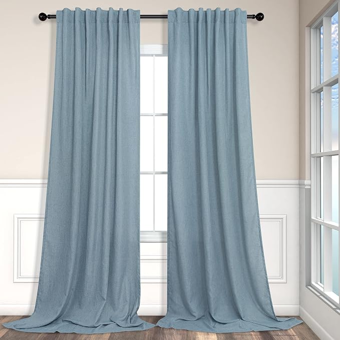 60 Inch Wide Blue Linen Curtains for Bedroom Light Reducing Sheer Large Window Curtain Panel Set of 2 Total Width 120 x 96 Inch Long 5x8 FT Length Back Tab Pocket Chambray Blue Country Farmhouse Decor