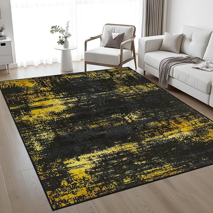 Washable Area Rug 3x5 Entryway Rug: Washable Modern Abstract Soft Thin Rug Indoor Floor No Slip Carpet for Bedroom Dining Room Farmhouse Nursery Home Office - Dark Black Gold