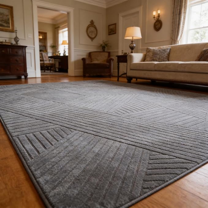 Grey 8x10 Geometric Area Rug - Modern Geometric High-Low Pile Gray Rugs for Living Room Bedroom, Washable Non-Slip Textured Indoor Carpet for Nursery, Kids Room, Apartment House, Home Office
