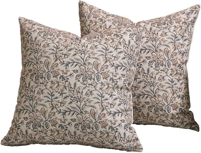 Amor Virisso Floral Throw Pillow Covers 18x18 Set of 2 Couch Pillows for Living Room Farmhouse Vintage Block Print Pillow Covers Decorative Pillow Covers Accent Sofa Pillows, Green/Sand