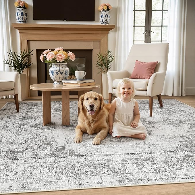 Area Rug 4x6 Vintage Rugs: Washable Indoor Medallion Rug Low Pile Distressed Floor Carpet Retro Accent Rugs for Living Room Bedroom Kitchen Dining Table Home Office(Grey, 4'x6')