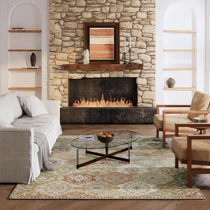 Area Rugs 4x6 Rug for Bedroom, Clearance Washable Area Rug, Non-Slip Lightweight Low Pile Rug for Living Room Dining Room Nursery Room Entryway,Multi/Green