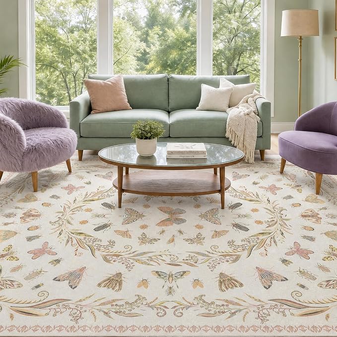 5x7 Beige and Pink Nursery Rug - Colorful Rug for Playroom, Bedroom, Living Room, Insect Butterfly Floral Non-Slip Soft Carpet