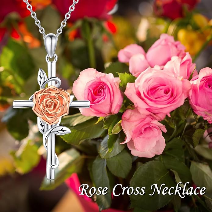 Flower Cross Necklace 925 Sterling Silver Carnation/Rose/Lily/Daisy Cross Necklace Birth Flower Jewelry for Women