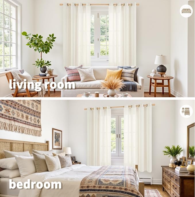 YoungsTex Ivory Linen Curtains 63 Inch Length for Living Room Window | Light Filtering Drapes Cream Semi Sheer with Bronze Grommet for Bedroom Decorative, 52 x 63 Inch, 2 Panels
