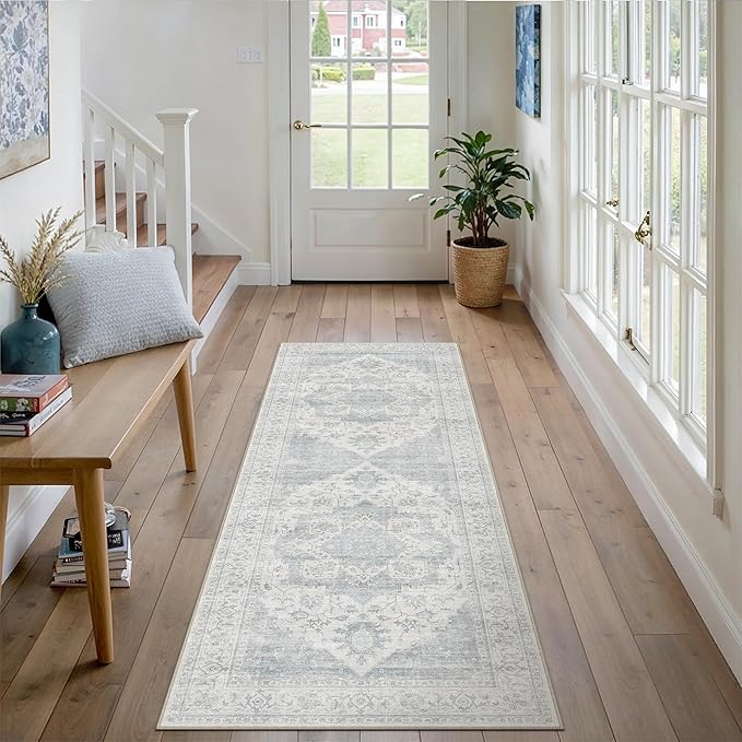 HUGEAR 2x6 Runner Rug Machine Washable Area Rug Blue Hallway Rugs Room Decor Vintage Distressed Low Pile Carpet Non Slip Rugs for Kitchen Laundry Living Soft Lightweight