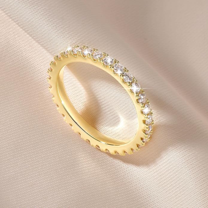 14K Gold Filled Silver Simulated Diamond Moissanite Engagement Promise Ring for Her, Stackable Ring Channel Setting Full Eternity Bridal Band Halo Rings Wedding Bands Size 4 to 10