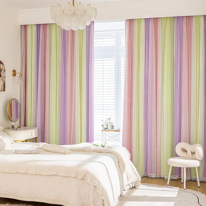 XiDi 100% Blackout Pink and Yellow Girls Curtains for Bedroom 63 Inches Long 2 Panels Nursery Curtains with Sheer Overlay Kids Princess Room Decor Soundproof Light Blokc Grommet Window Drapes 52Wx63L