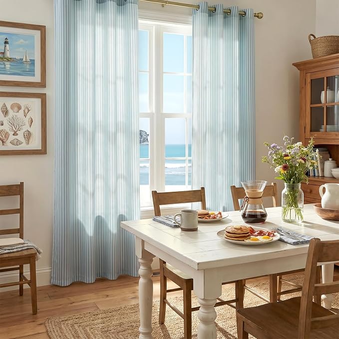Vangao Linen Striped Curtains for Living Room Bedroom Farmhouse Tickingstripe Light Filtering Window Curtains Printed Drapes Grommet Top 2 Panels Aqua Blue on Off White W50 x L84 Inch