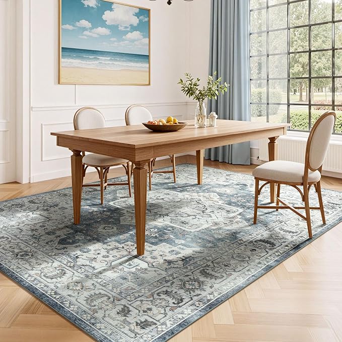 Lessymo Runner Rug 2 x 6, Machine Washable Entryway Rugs Boho Faux Wool Low Pile Area Rug for Bedroom, Floral Medallion Vintage Rugs with Non-Slip Rubber,Blue Grey/Beige