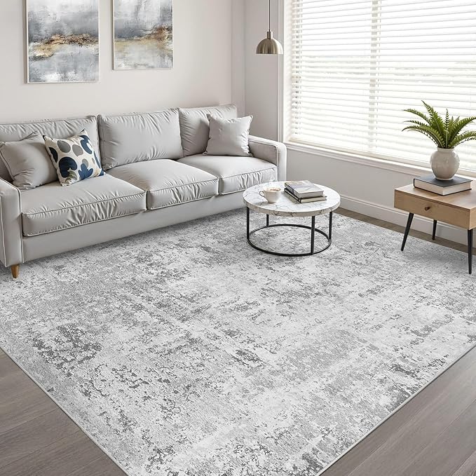 10x13 Area Rug Living Room: Washable Large Neutral Rug Abstract Soft Modern Stain Resistant Indoor Floor Non-Slip Carpet for Bedroom Nursery Kids Office Playroom Dining Room Under Table- Light Gray
