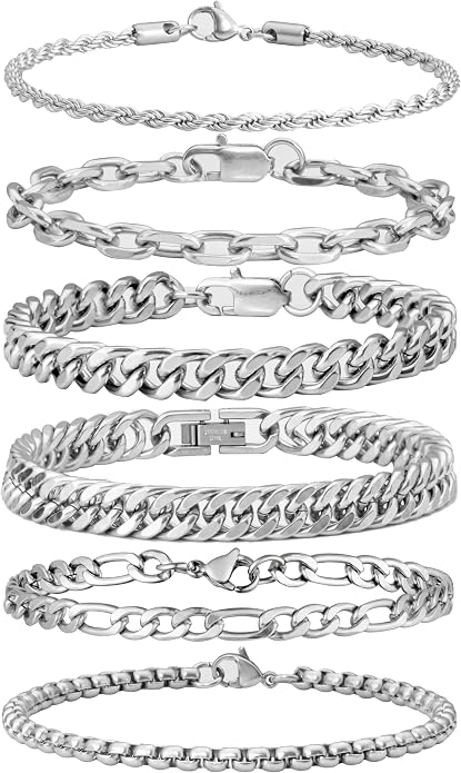XIANNVXI 6pcs Bracelets for Men Gifts for Him Stainless Steel Bracelet Silver/Gold/Black Cuban Link Rope Paperclip Chain Bracelets Set 6.5/7/7.5/8.3/9 Inches Metal Bracelet Mens Fashion Accessories Jewelry Gifts Set