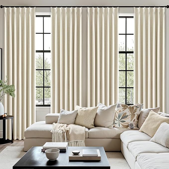 MIULEE Cream Pinch Pleated 100% Blackout Linen Curtains for Bedroom, Room Darkening Memory Trained Light Blocking Window Curtains 84 inches Long for Living Room, Black Out Pleat Drapes, 2 Panels