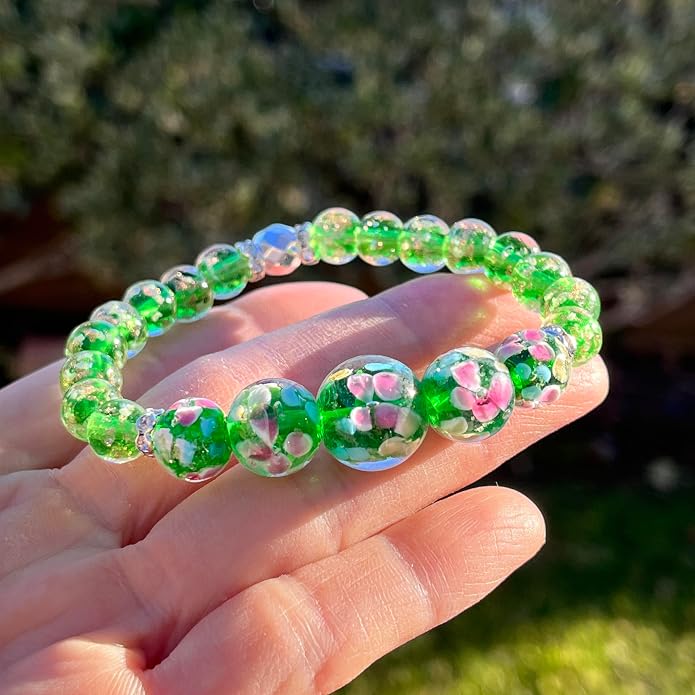 ARTSY Crafts Lily Garden Glow in the Dark Firefly Bead Bracelets Necklaces, Handmade in USA Murano Glass Jewelry, Flower Luminous Beads Mermaid Crystal Bracelet Bangle