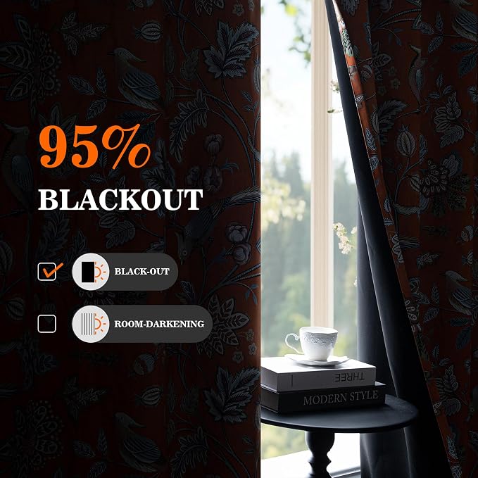 MYSKY HOME Orange Floral Blackout Curtains & Drapes 95 inch Curtains 2 Panels Set for Living Room Bedroom Boho Farmhouse Elegant Curtains Heat Block Sound Reduce Drapes with Patterned Bird Design