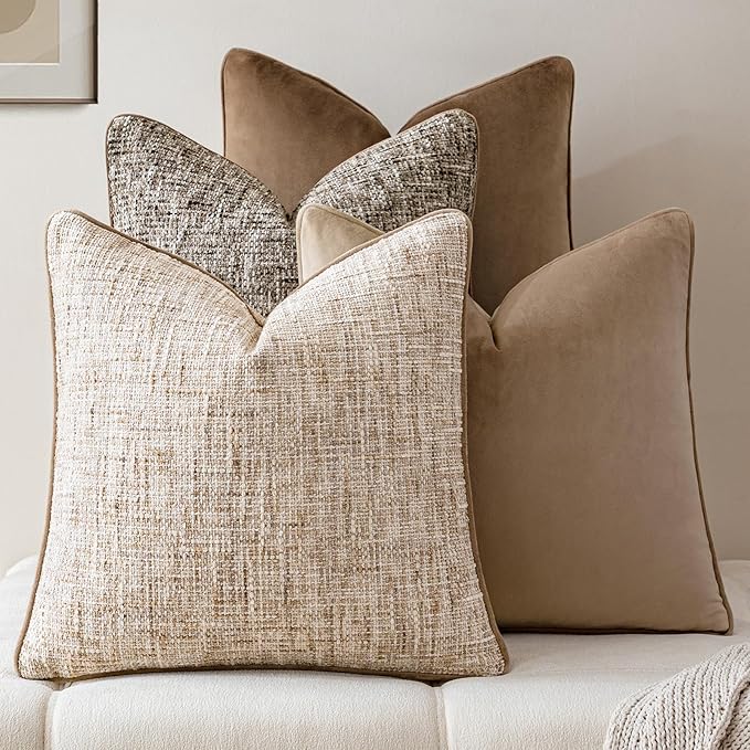 a moment Neutral Khaki Brown 4 Pack Throw Pillow Covers - Chenille & Velvet Set with Piping, Farmhouse Textured Design Pillow Cases for Couch Sofa Bed Livingroom (22x22 Inch, No Insert)