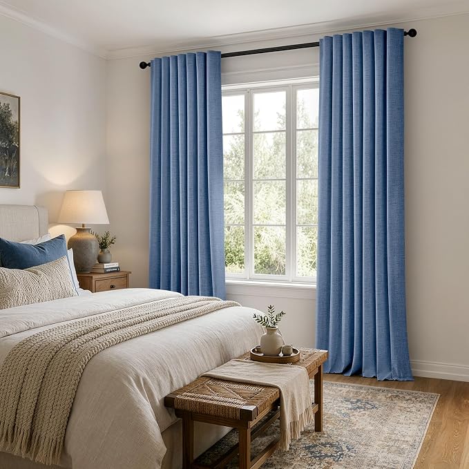 MIULEE 100% Blackout Linen Curtains for Bedroom 42 x 63 Inch Blue 2 Panels | Thermal Insulated, Room Darkening Drapes for Living Room, Back Tab Rod Pocket Pinch Pleated, Solid Luxury Decor