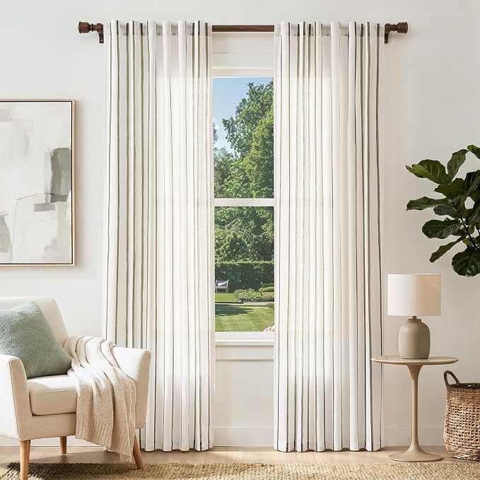Vangao Striped Curtains Green on White Semi Sheer Curtains 84 Inches Long for Living Room Bedroom Modern Farmhouse Linen Textured Light Filtering Drapes 2 Panels Olive Green W50 x L84 Inch