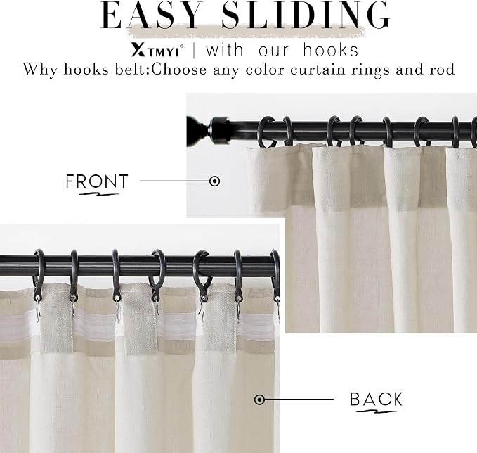 Rod Pocket Curtains for Traverse Rod with Hooks or Tap Tie Top with Clip Rings,Linen Back Tab Boho Sheer Country Curtain Draperies for Bedroom Living Room Dining,Warm Grey Greyish Beige,90 Inch Long