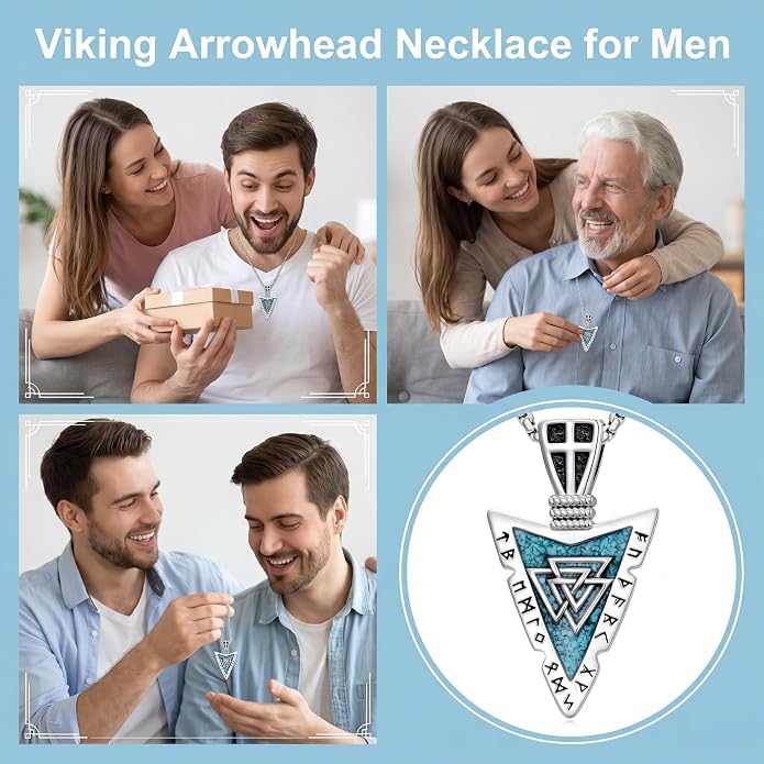 Viking Turquoise Arrowhead Necklace for Men Celtic/Evil Eye/Ankh/Valknut/Compass Arrow Head Pendant Fathers Day Birthday Gifts