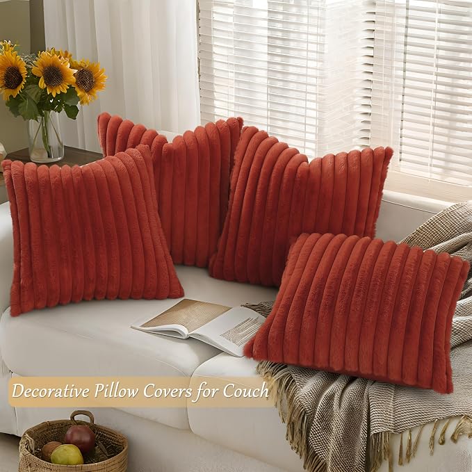 decorUhome Fall Faux Fur Throw Pillow Covers 18x18 Set of 4 Rust | Decorative Modern Farmhouse Soft Cozy Striped Pillow Cases Velvet Back for Sofa Bed Living Room Classic Accent Home Decor