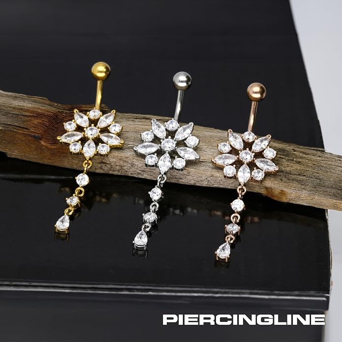PIERCINGLINE surgical steel dangle belly button piercing with flower - belly button ring surgical steel, gold, silver, rosegold piercing - new version with improved durability
