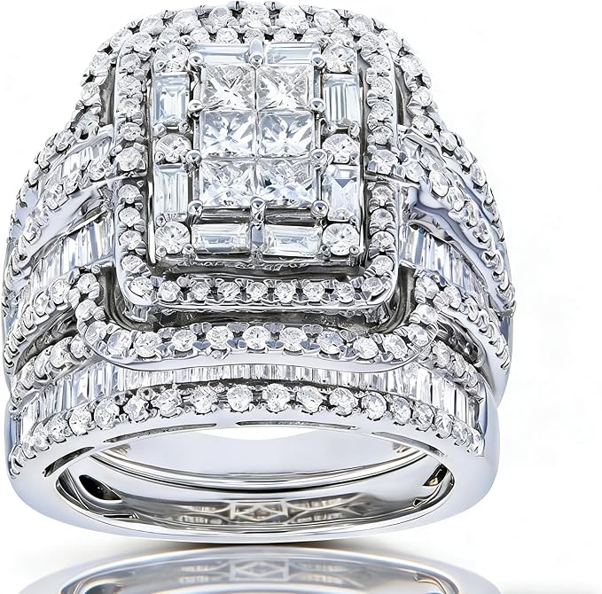 925 Sterling Silver Shiny Full Diamond Gemstone Ring 18K Gold Cubic Zirconia Promise Rings CZ Diamond Multi Row Ring Eternity Engagement Wedding Band Ring Sets Z.41 (US Code 9)