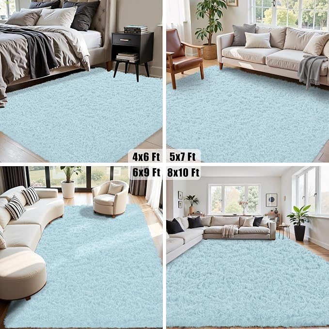 8x10 Area Rug for Living Room:Ultra Soft Fluffy Shag Teal Blue Rugs,Large Fuzzy Plush Indoor Non Slip Carpet Washable Rug for Bedroom Kids Nursery Office Dorm Modern Decor(Light Blue 8'x10')