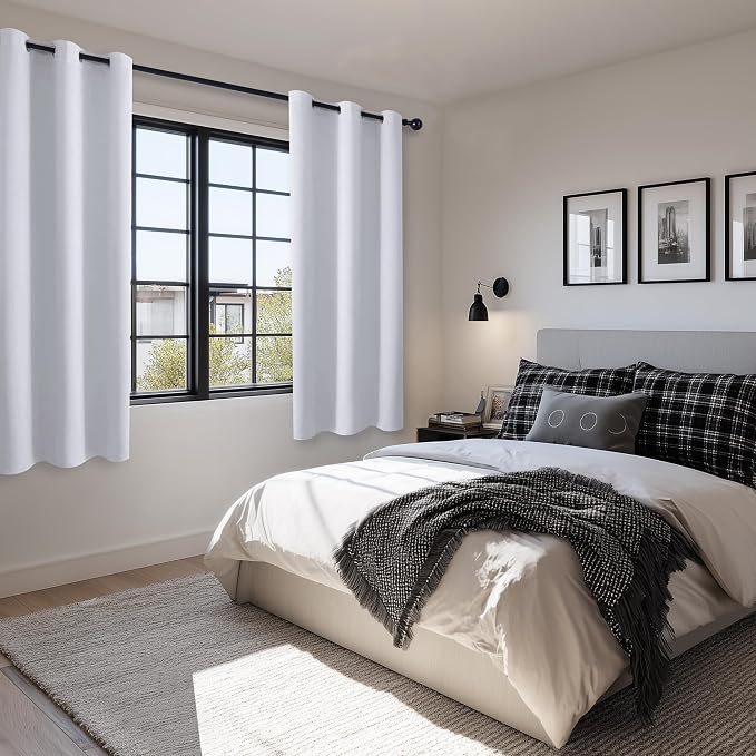 Hiasan Room Darkening Curtains for Bedroom, Noise Reducing, Energy Saving Blackout Window Curtain Panels, Sewn with Tiebacks, Set of 2, Grommet Top (Greyish White, Width 38 Inch x Length 72 Inch)