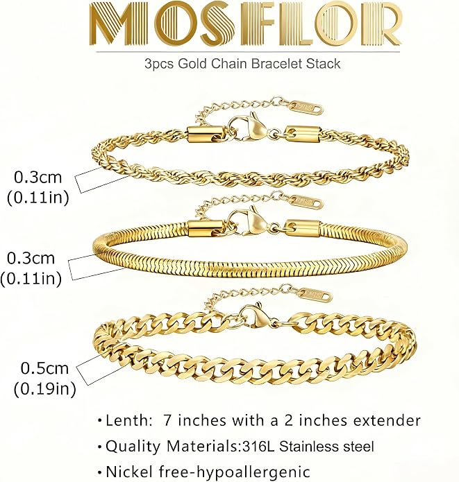 Gold Bracelets for Men Trendy - Dainty Gold Plated Stainless Steel Snake Link Bracelet Stack Rope Figaro Herringbone Chain Bracelets Set Adjustable Cuban Link Bracelet for Men Birthday Gifts for Man