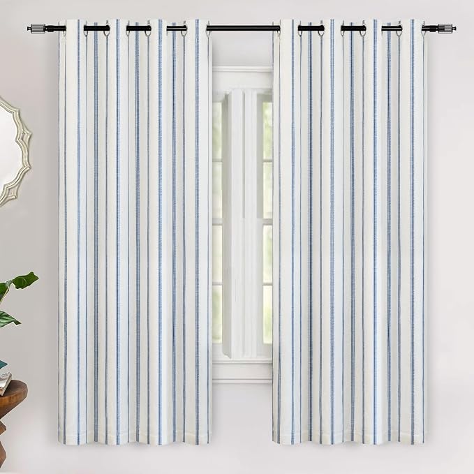 DriftAway Farmhouse Stripe Blackout Curtains, W52xL63, Navy Blue | Blackout, Linen Texture, Stripe Pattern, Rod Pocket & Back Tab, Two Layers, Bedroom Living Room Use, Sound Reducing Design