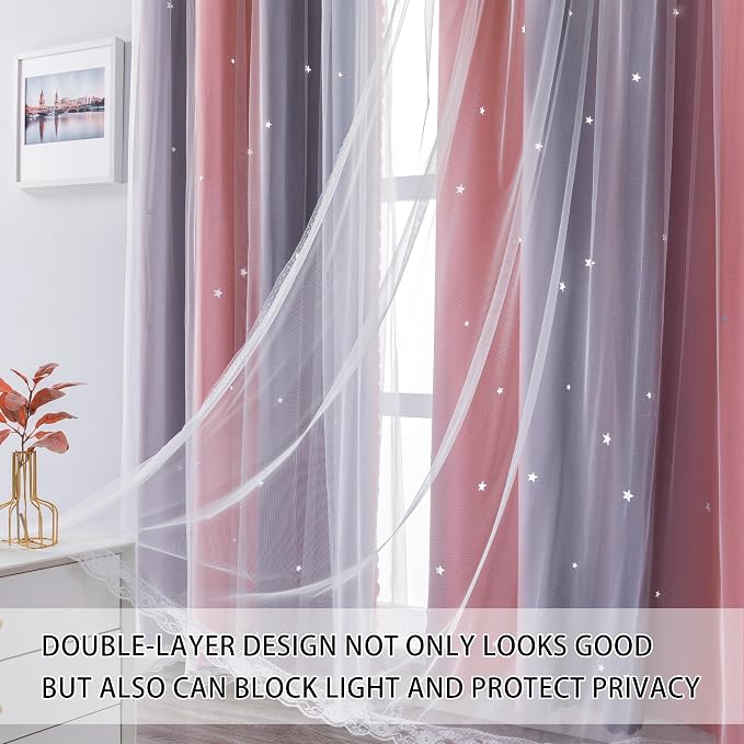XiDi Girls Curtains for Bedroom 90 Inches Long 2 Panels Pink and Grey Rainbow Blackout Curtains for Little Girl Kids Room Decor Living Room, Princess Unicorn Wall Decals Drapes 52x90