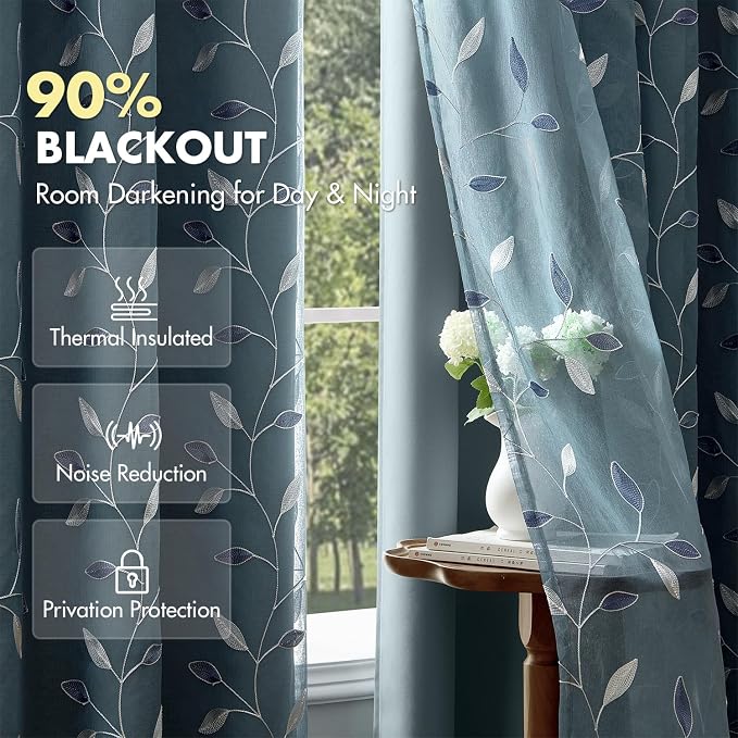 MIULEE Dusty Blue Double Layer Curtains 96 Inches Long, Leaf Patterned Sheer Floral Drapes and Blackout Room Darkening Window Curtains for Living Room Bedroom, Grommets Top, 52" W x 96" L, 2 Panels